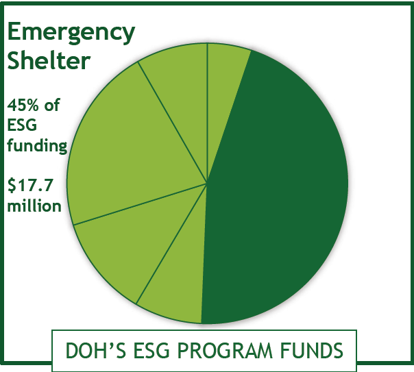 Pie chart highlighting 45% or $17.7 million of ESG program funds goes to DOH's emergency shelter.