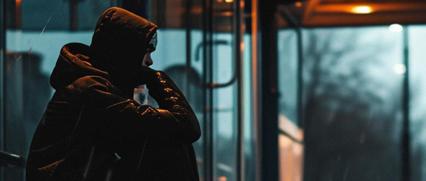 Person sitting against the side of a building at dusk.