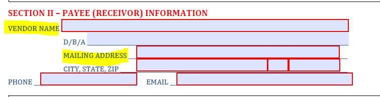 Screenshot of Section II and the Payee (Receivor) Information fields to be filled out.