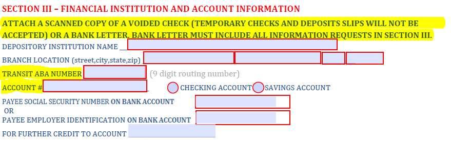 Screenshot of Section III and the Financial Institution fields to be filled out.