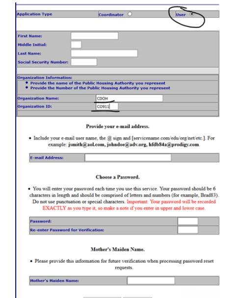 Screenshot of the online HUD form with "user" selected and "CDOH" in teh Organization Name field.