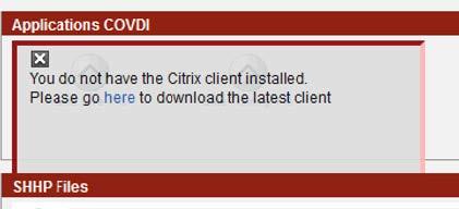 Zoomed in screenshot of error message stating Citrix client is not installed.
