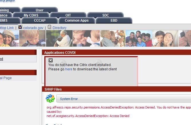 Screenshot of popup message that Citrix is not installed with a link to download the latest client.