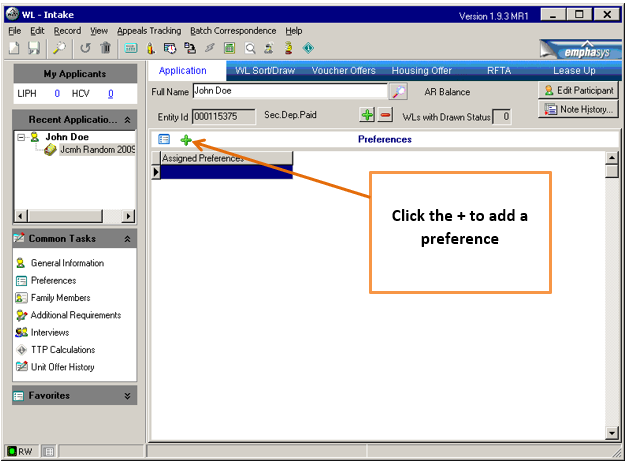 Screenshot of Waiting List page with an arrow pointing to a green "+" to add a preference.