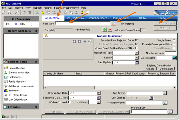 Scrrenshot of the Application tab on the Waiting List Intake form. Arrows pointing to full name and search areas.