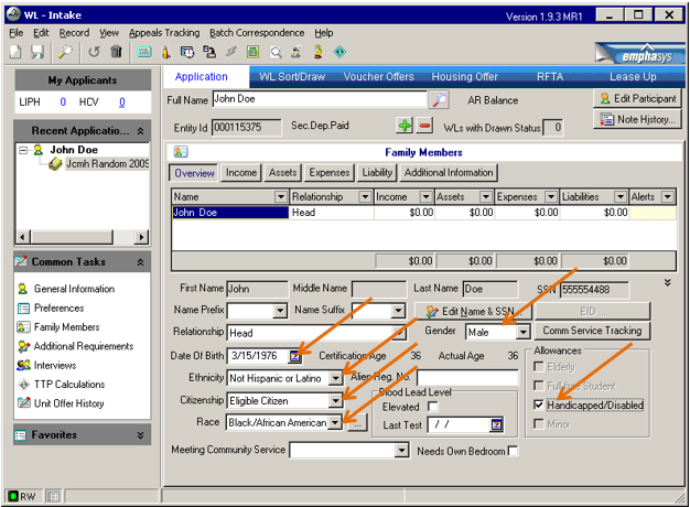 Screenshot of family member screen for the waiting list with arrows pointing to fields to fill IN.