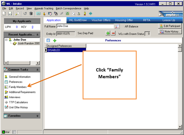 Screenshot of main Waiting List screen with arrow pointing to "Family Members" on menu on the left.