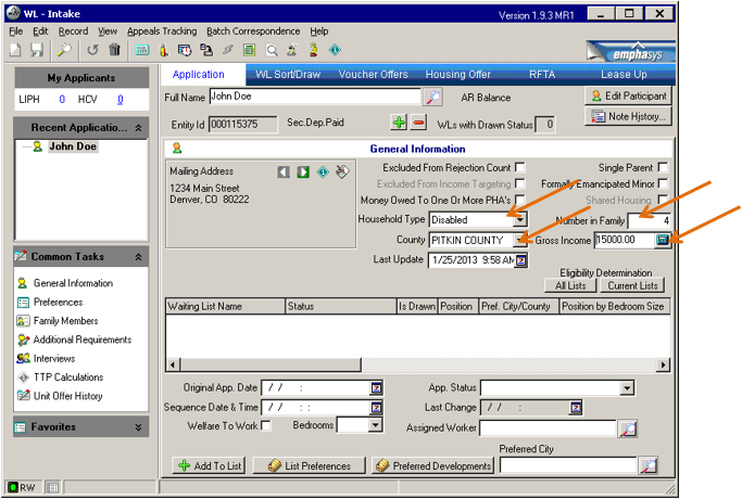 Screenshot of Waiting List Application screen with arrows pointing to Household Type, County, and Number in Family.