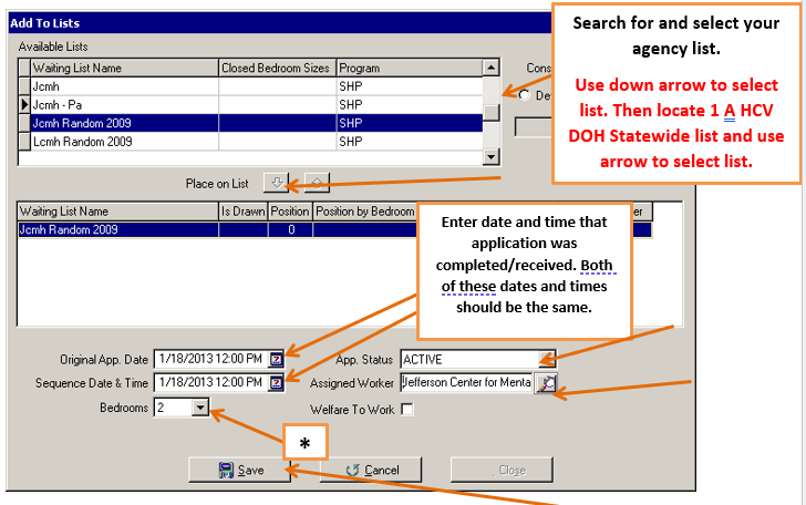 Screenshot of the "Add to Lists" screen showing where to look for your agency and enter application dates.