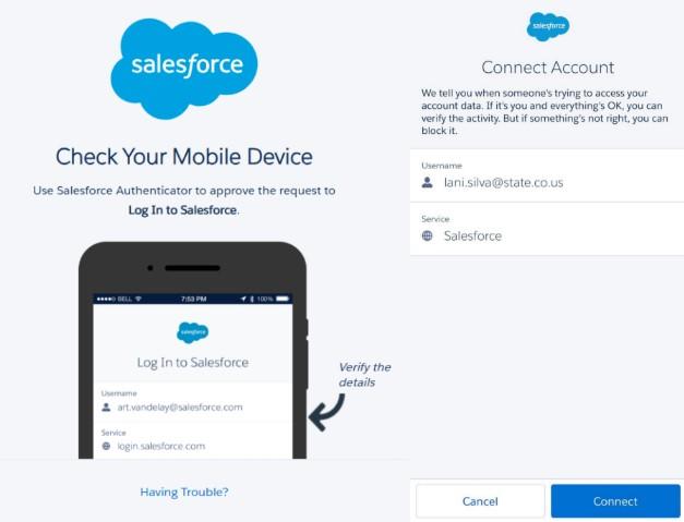 Screenshot of conncection screen in SalesForce Authenticator.