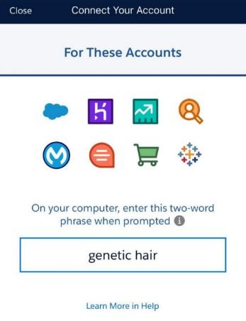Screenshot of two word phrase to enter on computer screen from app.