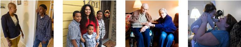Four pictures of people in the community: two people talking in a doorway, mom and kids posing for pictures in front of a house, elderly couple in chairs and holding hands, mom lifting baby and laughing.